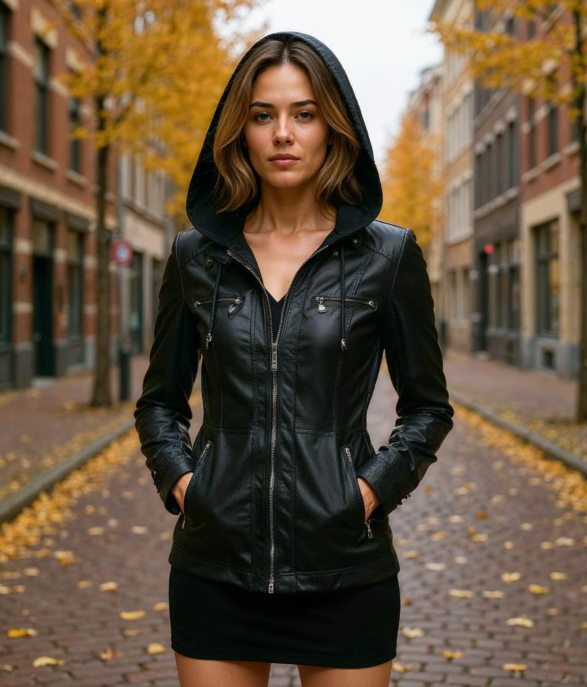 Ameena l Leren Dames Jas met Afneembare Capuchon - Stijlvolle Zomerjas in Khaki, Zwart of Bruin, Perfect voor Lente en Zomer