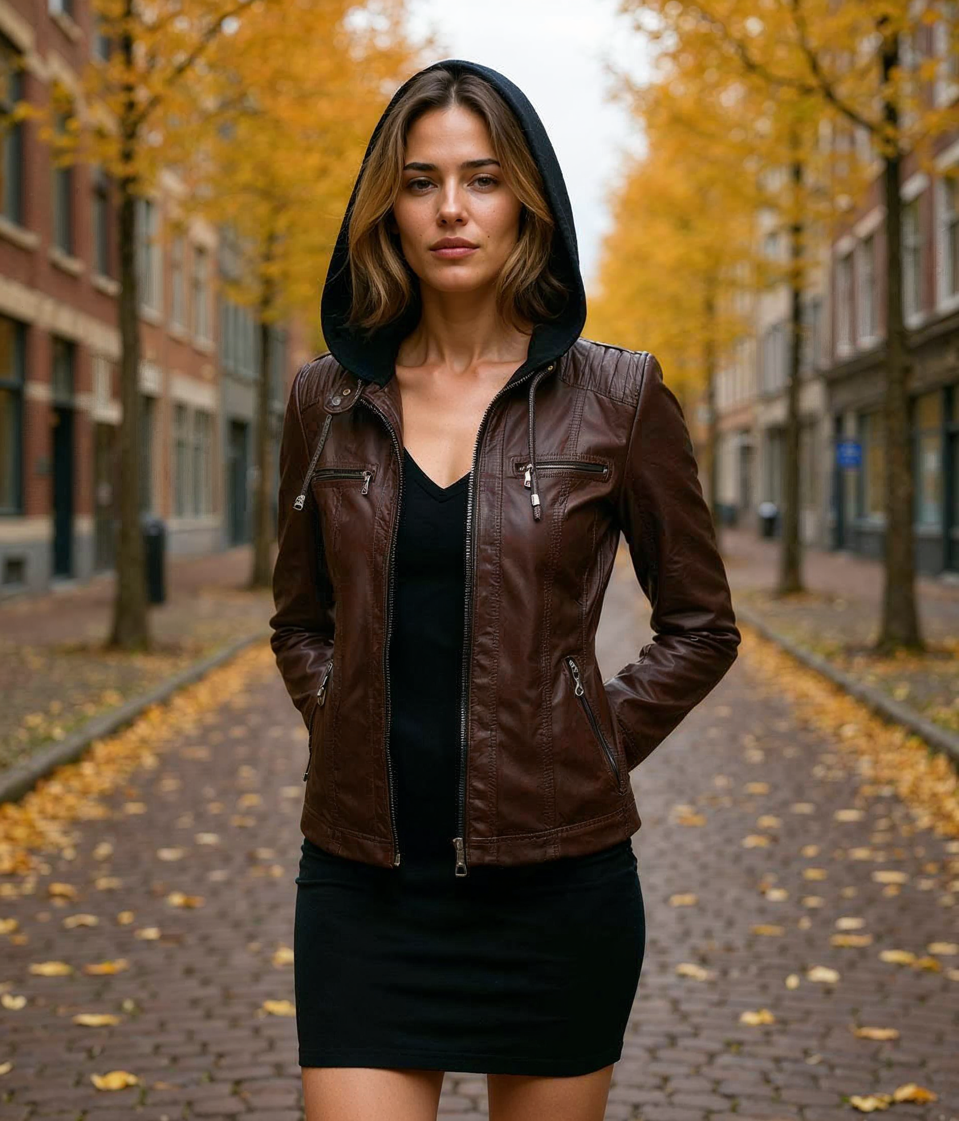 Ameena l Leren Dames Jas met Afneembare Capuchon - Stijlvolle Zomerjas in Khaki, Zwart of Bruin, Perfect voor Lente en Zomer