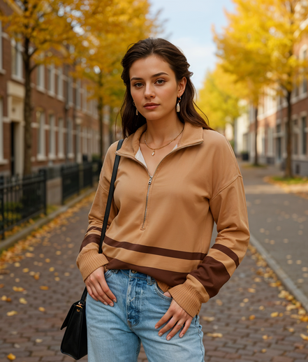 Bentheline | Stijlvolle Gebreide Zip-Up Dames Trui met Retro Patchwork