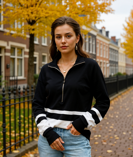 Bentheline | Stijlvolle Gebreide Zip-Up Dames Trui met Retro Patchwork