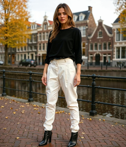 Bloem l Stylische Zwarte Dames Broek met Aansluitende Pasvorm – Hoogwaardige Polyester voor Zomeroutfits