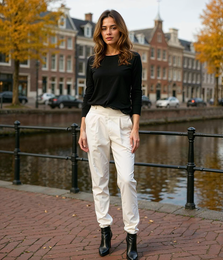 Bloem l Stylische Zwarte Dames Broek met Aansluitende Pasvorm – Hoogwaardige Polyester voor Zomeroutfits