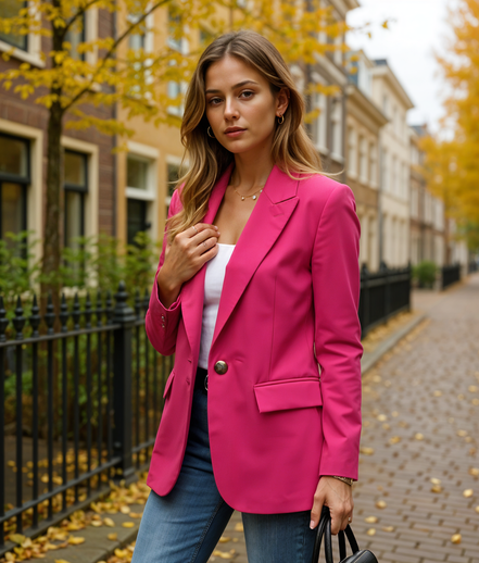 Bobbie | Elegante Lange Blazer Dames in Roze en Wit voor Diverse Gelegenheden