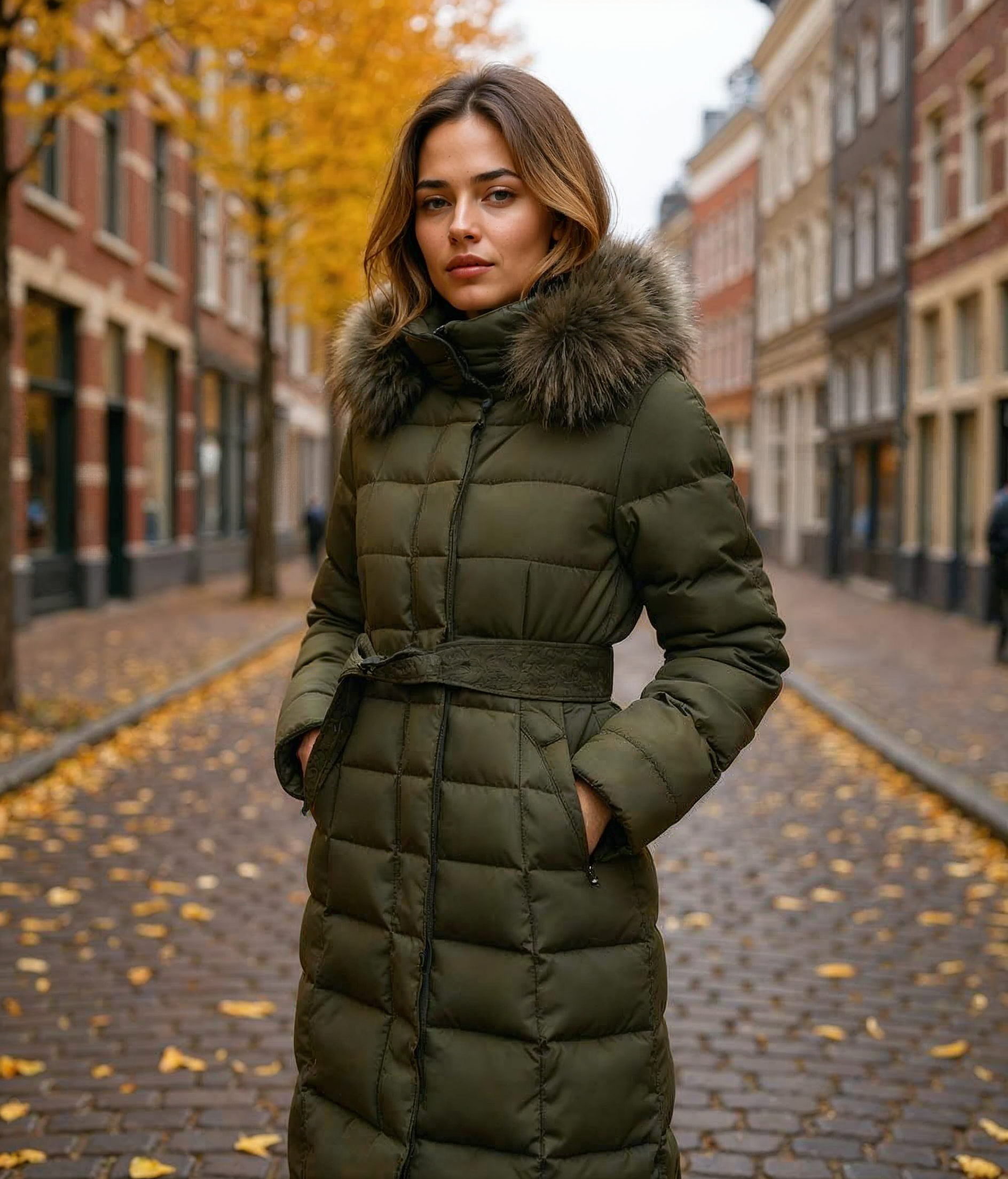 Elsje l Moderne Gewatteerde Damesjas Winter in Olivengroen, Zwart, Grijs en Oranje – Lange Dames Jas voor Comfort en Stijl