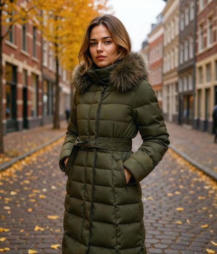 Elsje l Moderne Gewatteerde Damesjas Winter in Olivengroen, Zwart, Grijs en Oranje – Lange Dames Jas voor Comfort en Stijl