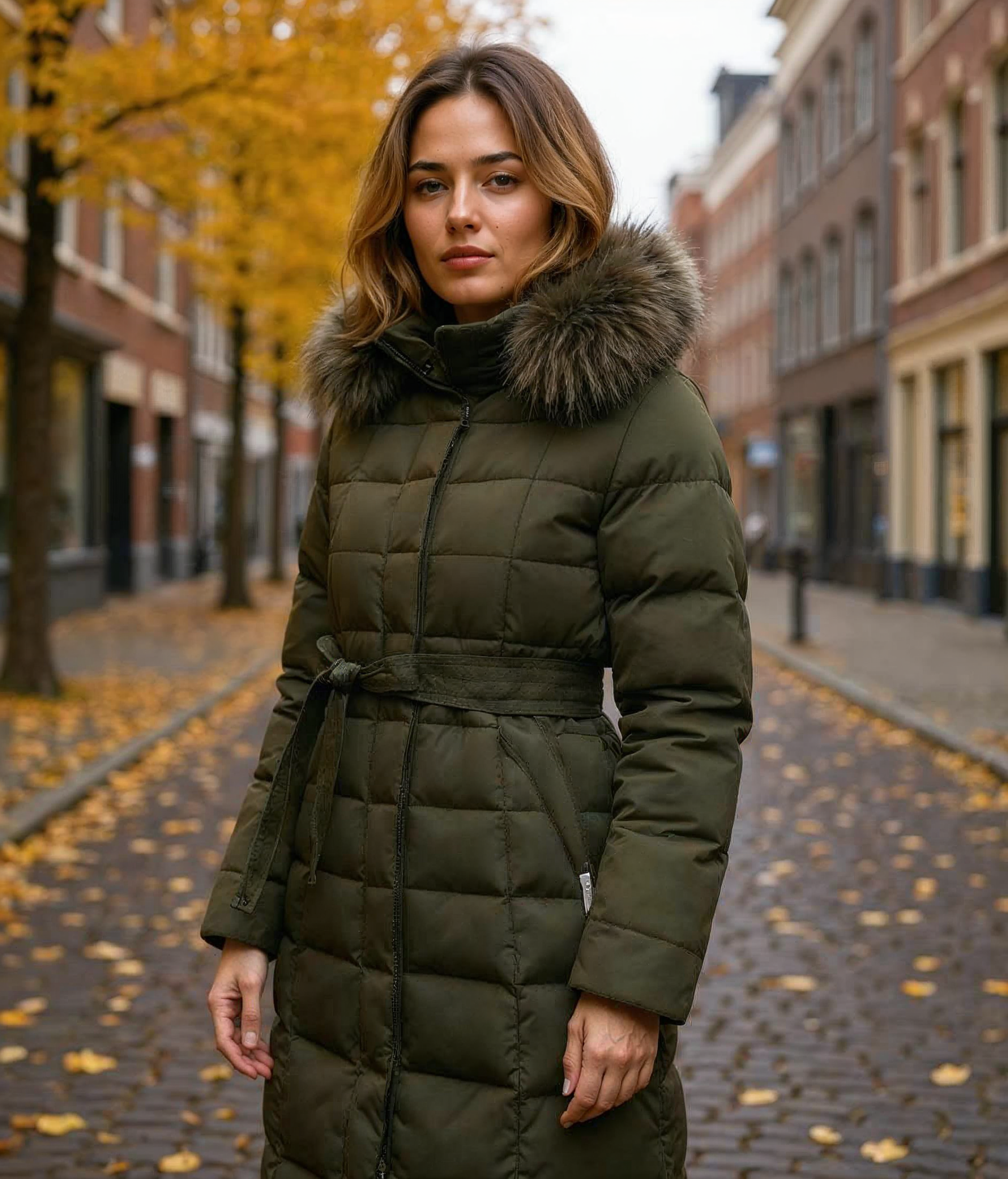 Elsje l Moderne Gewatteerde Damesjas Winter in Olivengroen, Zwart, Grijs en Oranje – Lange Dames Jas voor Comfort en Stijl