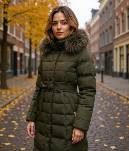 Elsje l Moderne Gewatteerde Damesjas Winter in Olivengroen, Zwart, Grijs en Oranje – Lange Dames Jas voor Comfort en Stijl