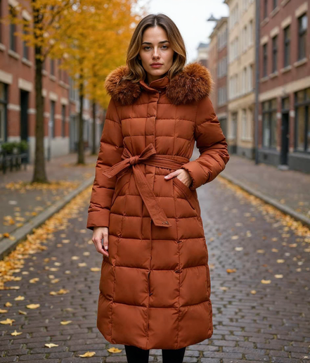Elsje l Moderne Gewatteerde Damesjas Winter in Olivengroen, Zwart, Grijs en Oranje – Lange Dames Jas voor Comfort en Stijl