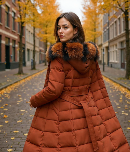 Elsje l Moderne Gewatteerde Damesjas Winter in Olivengroen, Zwart, Grijs en Oranje – Lange Dames Jas voor Comfort en Stijl