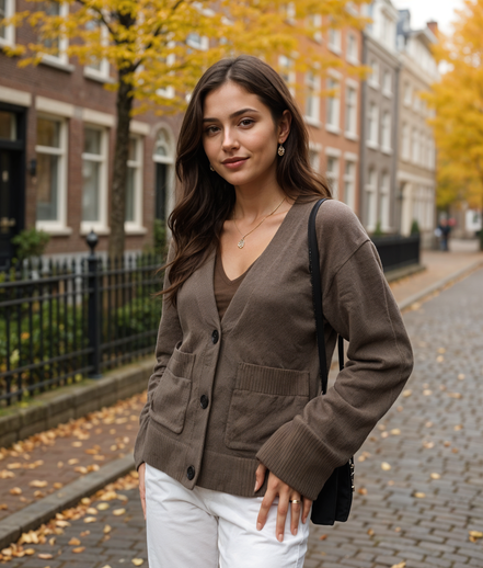 Hadewych | Tijdloze V-Hals Cardigan Dames met Opgestikte Zakken