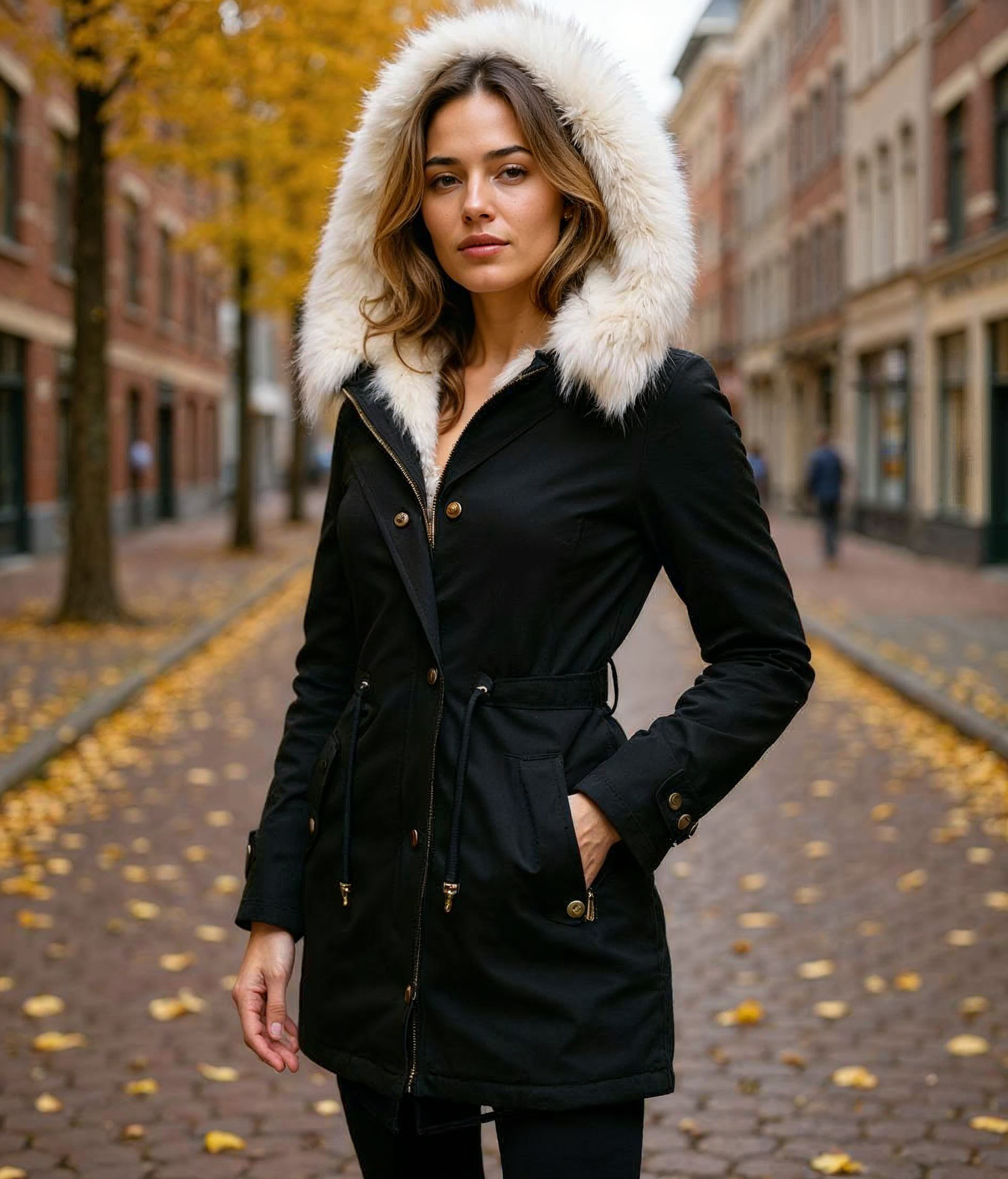 Imke l Lange Winterjas Dames met Witte Bontkraag – Waterdicht en Gewatteerd voor Maximale Warmte