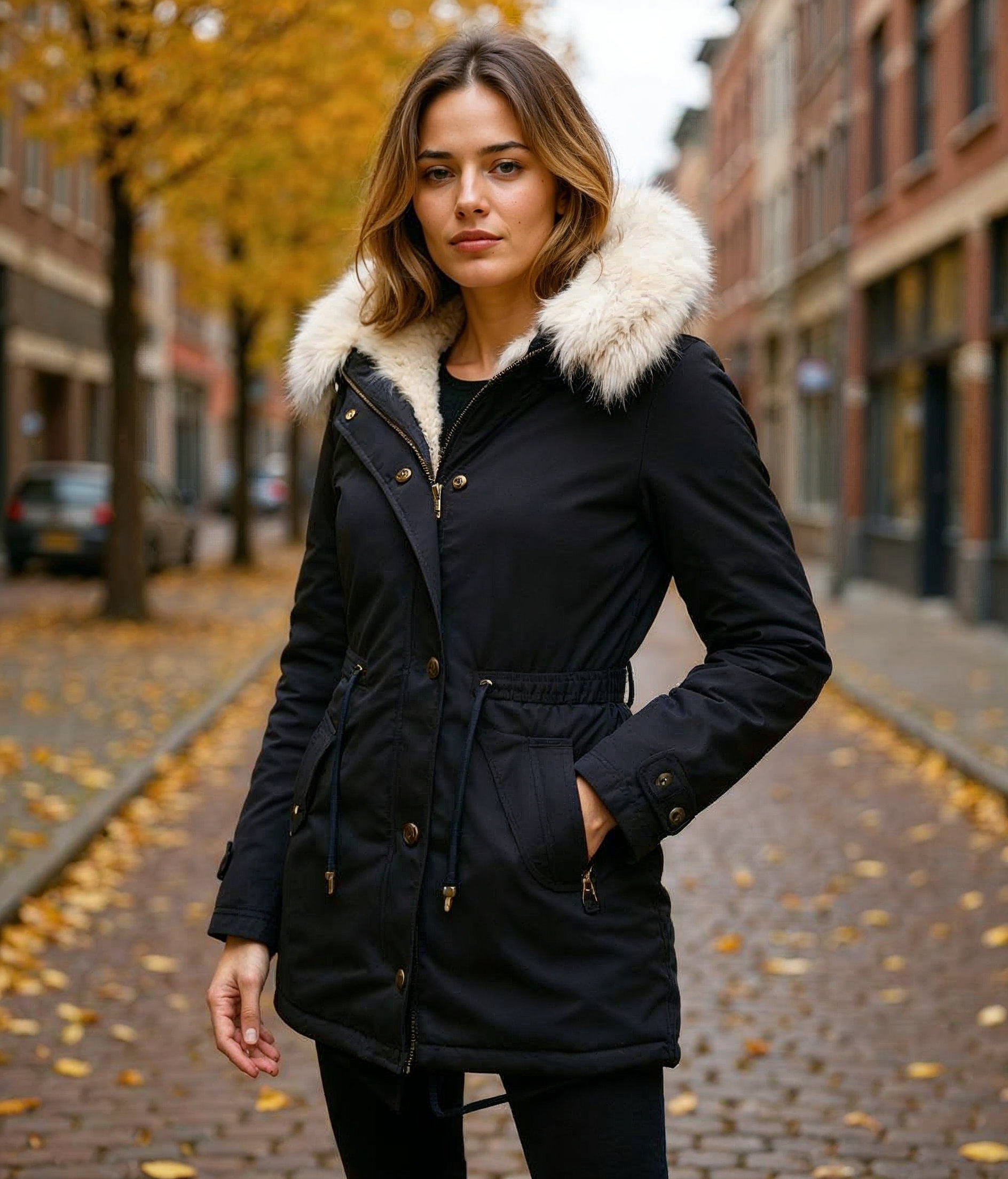 Imke l Lange Winterjas Dames met Witte Bontkraag – Waterdicht en Gewatteerd voor Maximale Warmte