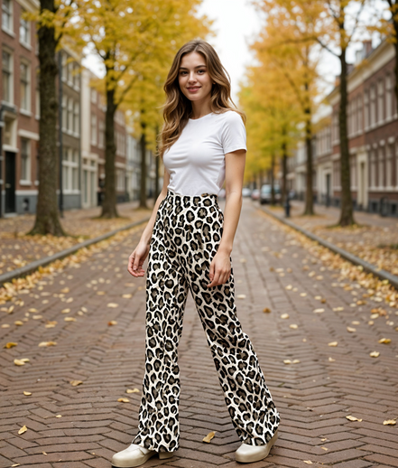 Jeslyn | Trendy Luipaardprint Brede Pijpenbroek voor Vrouwen