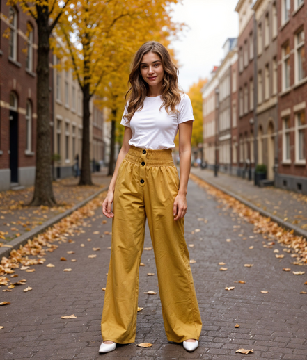 Lijsbeth | Hoge Taille Brede Pijpenbroek voor Dames met Gesmokte Tailleband