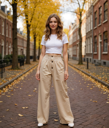 Lijsbeth | Hoge Taille Brede Pijpenbroek voor Dames met Gesmokte Tailleband