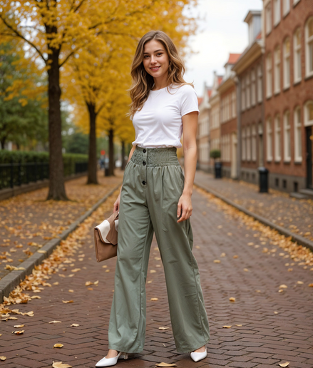 Lijsbeth | Hoge Taille Brede Pijpenbroek voor Dames met Gesmokte Tailleband