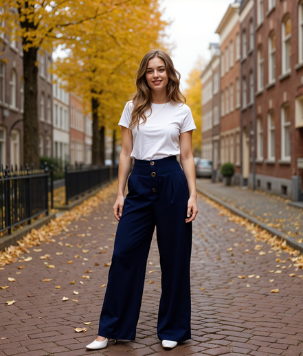 Lijsbeth | Hoge Taille Brede Pijpenbroek voor Dames met Gesmokte Tailleband