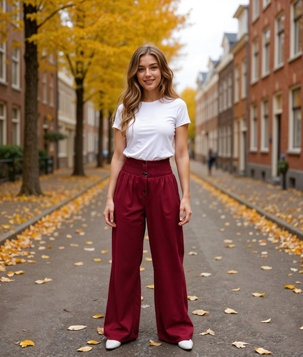 Lijsbeth | Hoge Taille Brede Pijpenbroek voor Dames met Gesmokte Tailleband