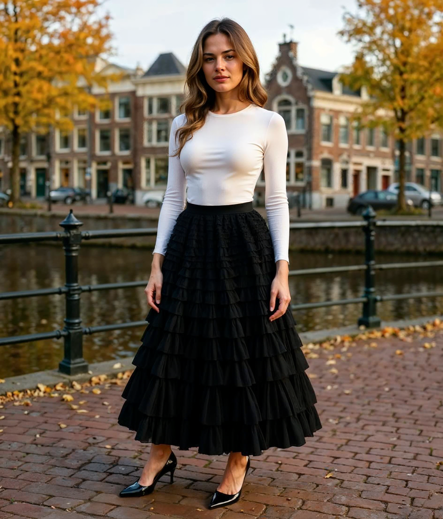 Madelief l Stijlvolle Dames Rok Lang van Netstof met Hoge Taille en Plooien – Khaki Elegant voor Zomeruitjes