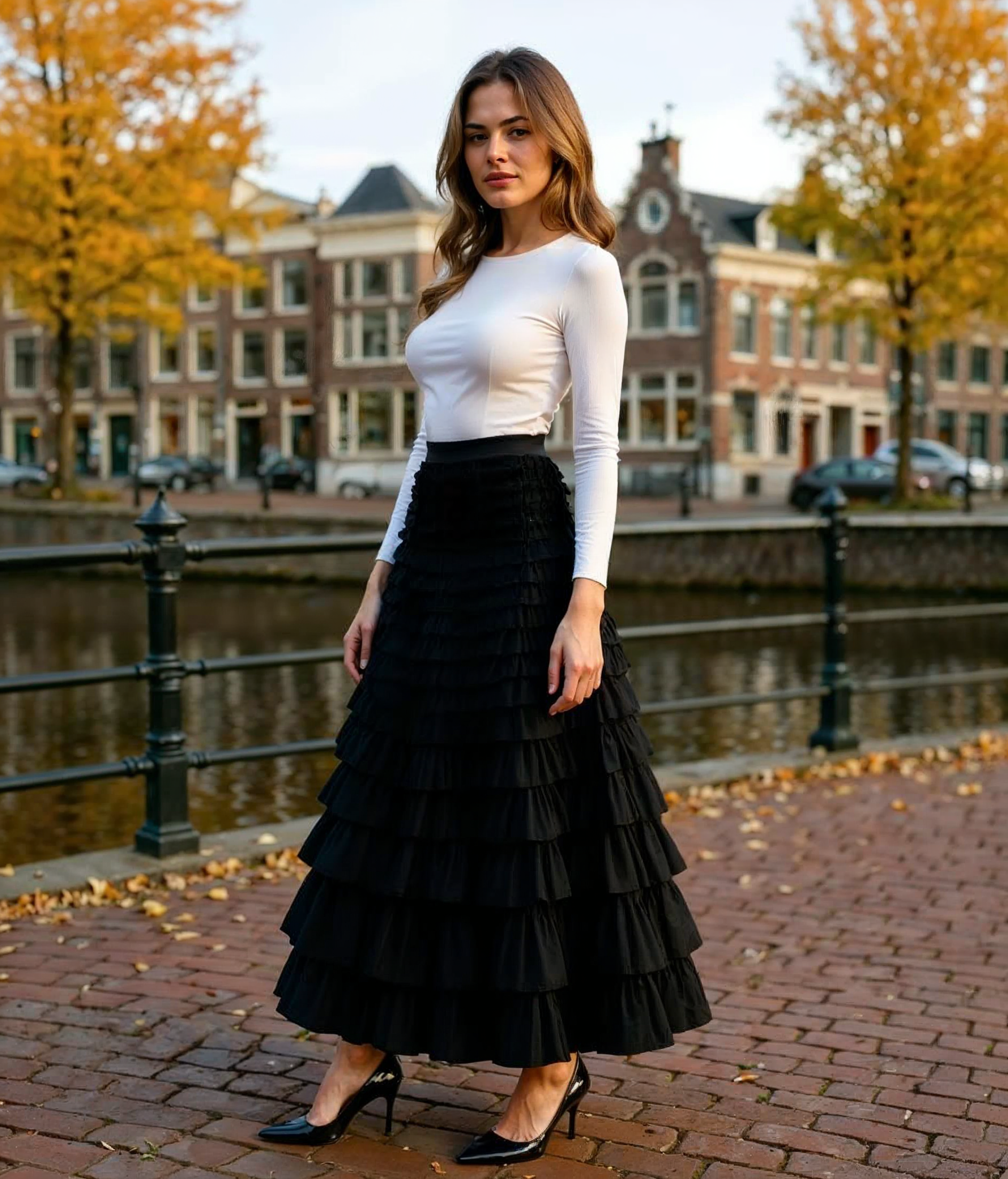 Madelief l Stijlvolle Dames Rok Lang van Netstof met Hoge Taille en Plooien – Khaki Elegant voor Zomeruitjes
