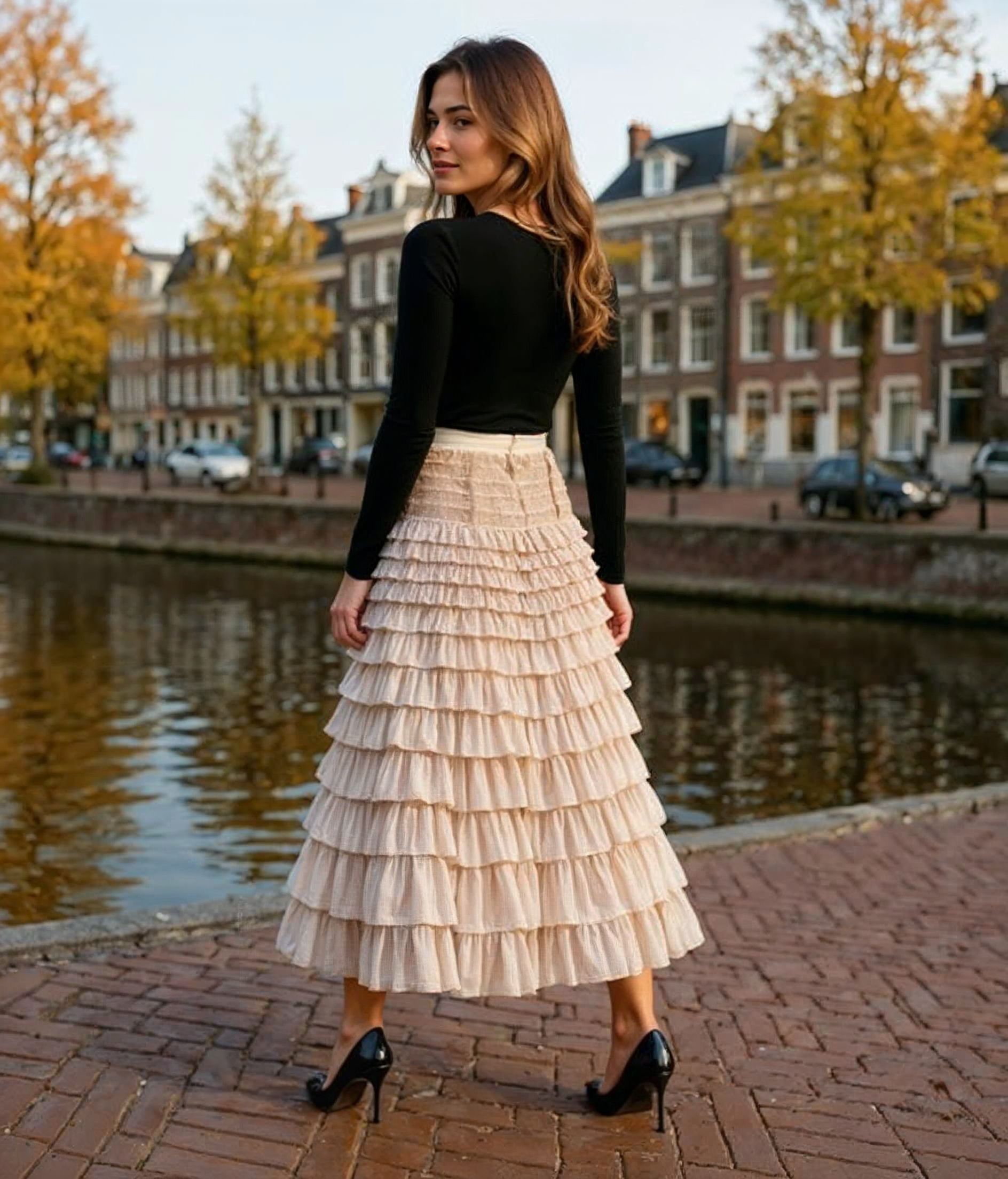 Madelief l Stijlvolle Dames Rok Lang van Netstof met Hoge Taille en Plooien – Khaki Elegant voor Zomeruitjes