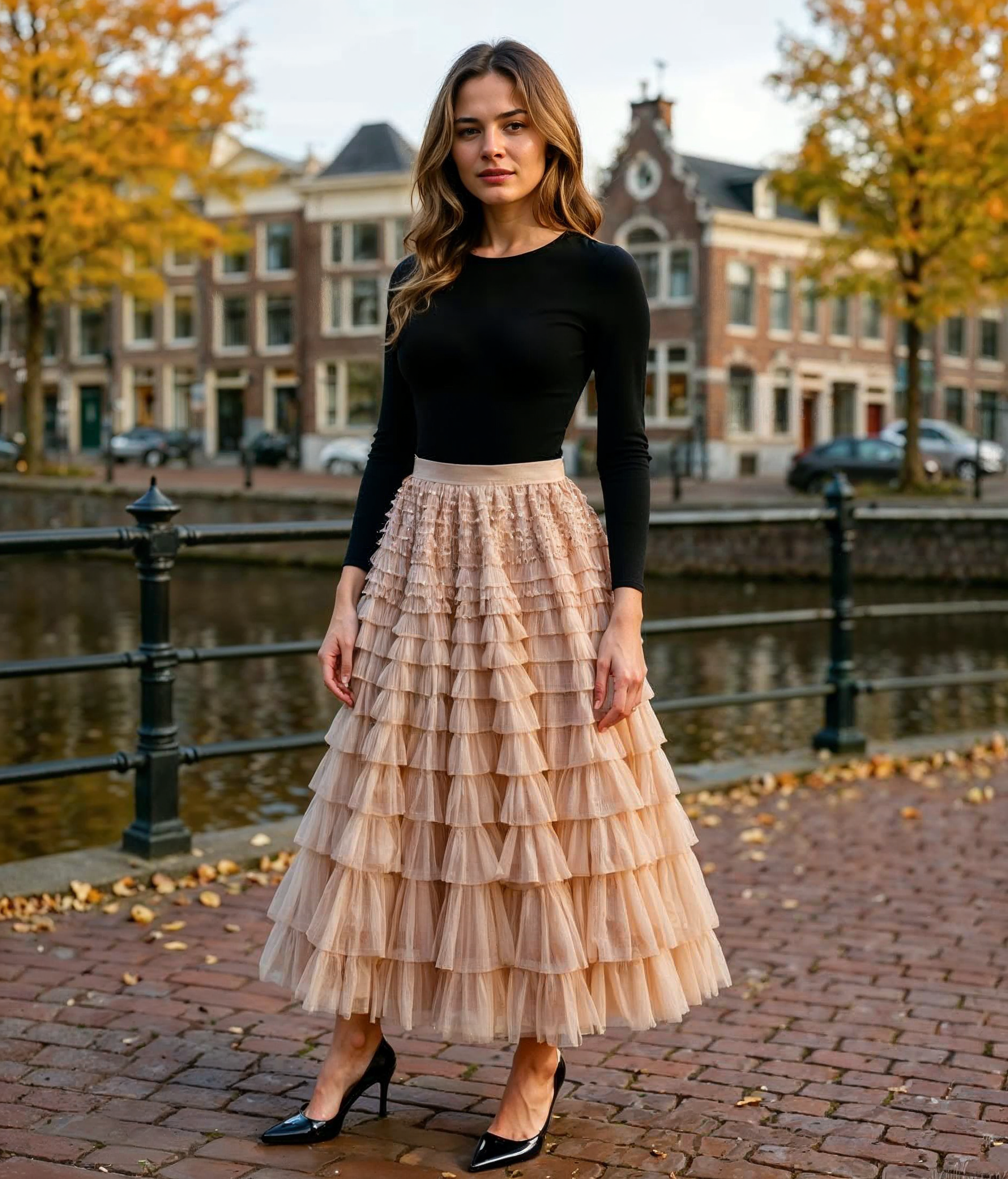 Madelief l Stijlvolle Dames Rok Lang van Netstof met Hoge Taille en Plooien – Khaki Elegant voor Zomeruitjes