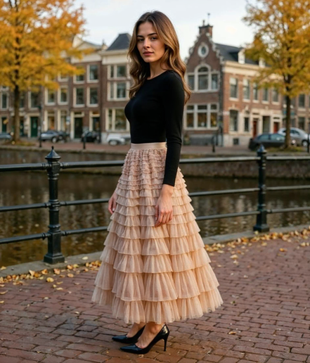 Madelief l Stijlvolle Dames Rok Lang van Netstof met Hoge Taille en Plooien – Khaki Elegant voor Zomeruitjes