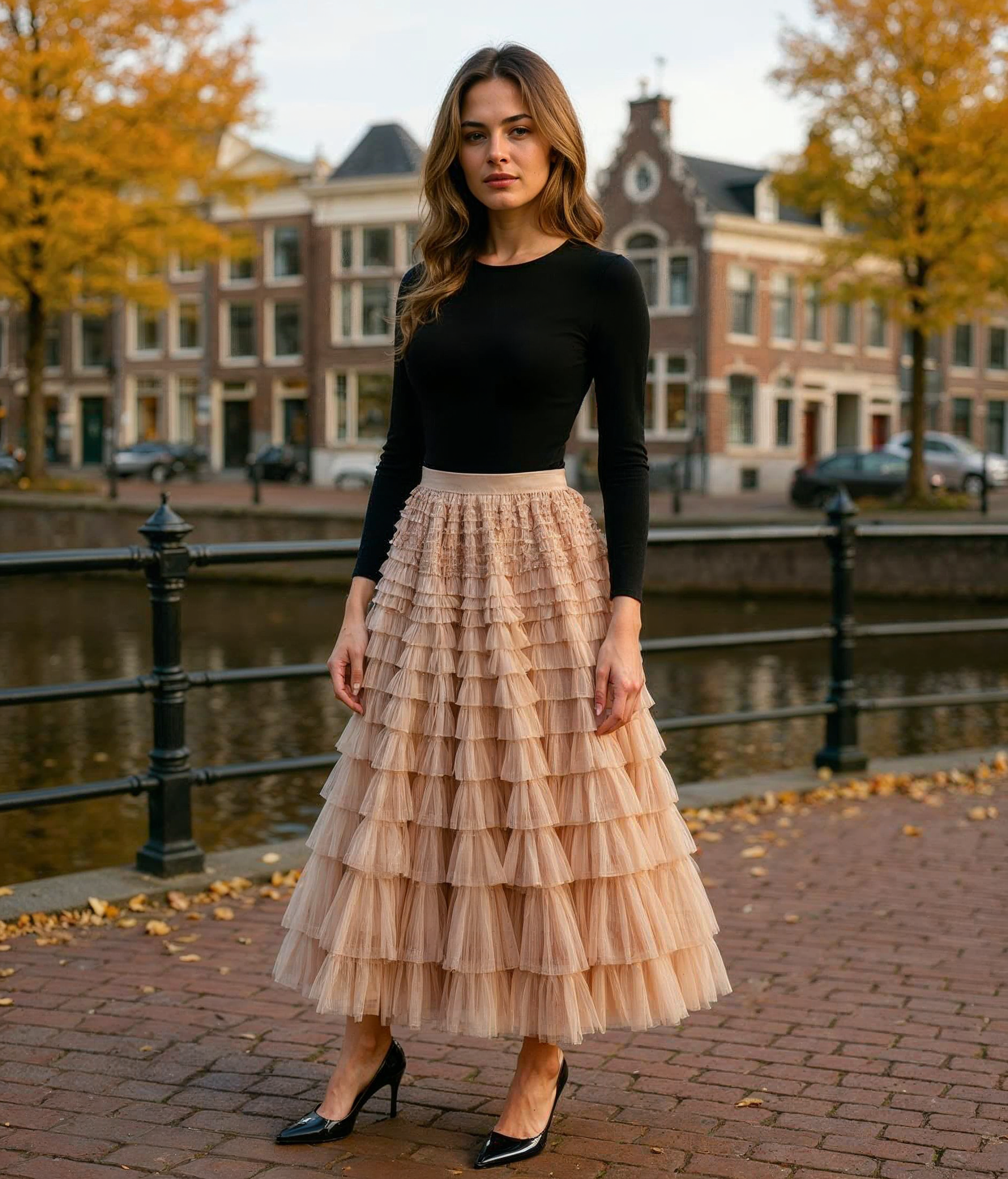 Madelief l Stijlvolle Dames Rok Lang van Netstof met Hoge Taille en Plooien – Khaki Elegant voor Zomeruitjes