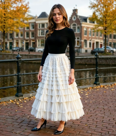 Madelief l Stijlvolle Dames Rok Lang van Netstof met Hoge Taille en Plooien – Khaki Elegant voor Zomeruitjes
