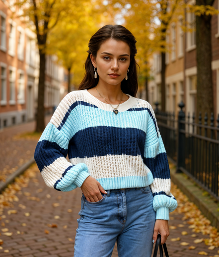 Roelie | Stijlvolle Gebreide Trui Dames met Crewhals en Gestreept Ontwerp