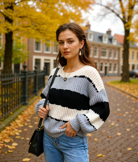 Roelie | Stijlvolle Gebreide Trui Dames met Crewhals en Gestreept Ontwerp