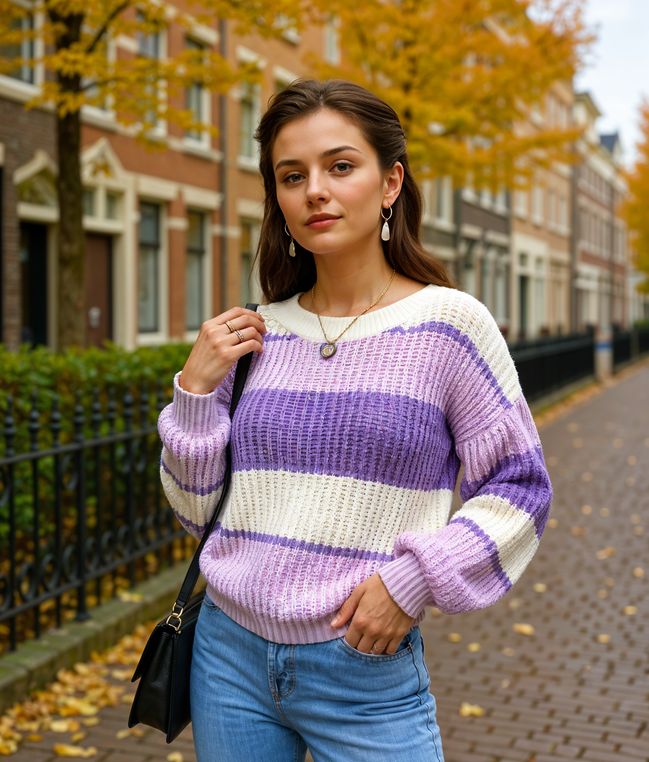 Roelie | Stijlvolle Gebreide Trui Dames met Crewhals en Gestreept Ontwerp
