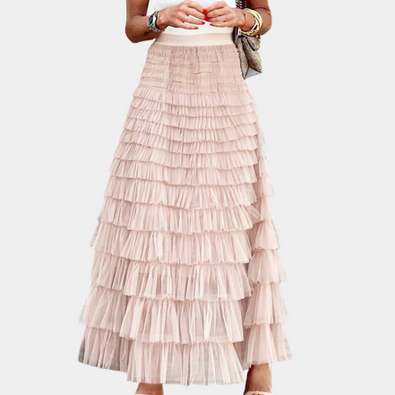 Madelief l Stijlvolle Dames Rok Lang van Netstof met Hoge Taille en Plooien – Khaki Elegant voor Zomeruitjes