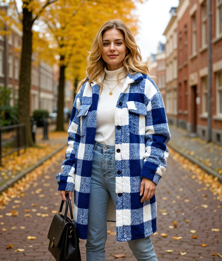 Sylvana | Lange Dames Jas Winter met Geruit Patroon en Zachte Fleece