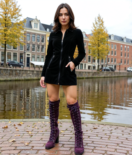 Theresia l Dames Laarzen Zwart met Dikke Hak en Vetersluiting – Comfortabele Kniehoge Retro Boots