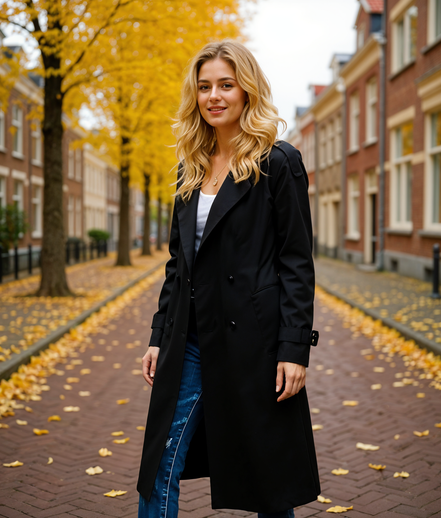 Tove | Stijlvolle Lange Trenchcoat Dames Zwart met Tijdloze Elegantie