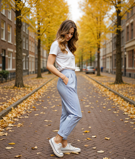 Vienne | Trendy Damesbroek Hoge Taille met Streepdessin en Zijzakken