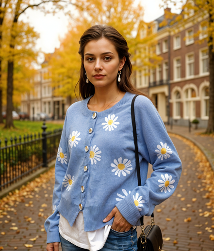 Yuna | Stijlvol Gebreid Damesvest met Knopen en Bloemenpatroon