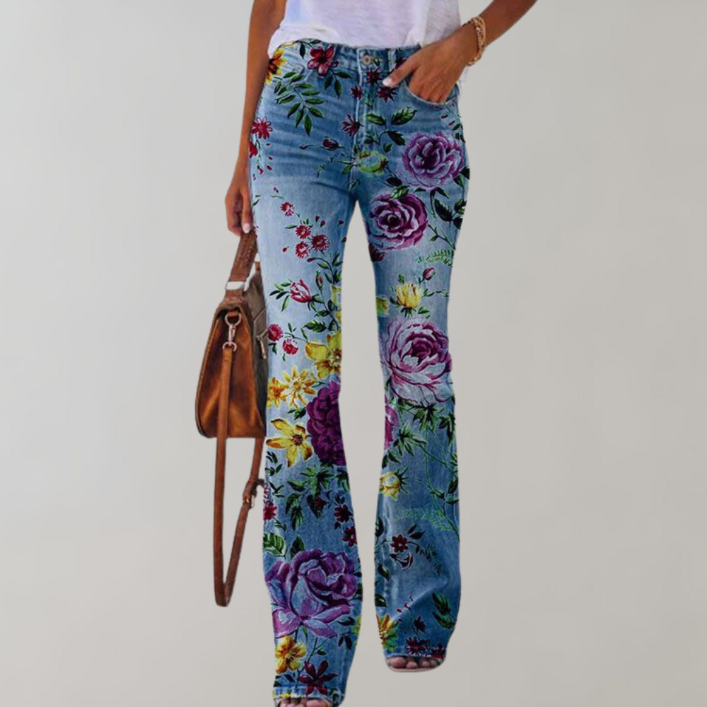 Mientje l Zomerse Flared Broek Dames met Levende Prints en Comfortabele Pasvorm - Flatterende Flair Broeken voor Diverse Maten